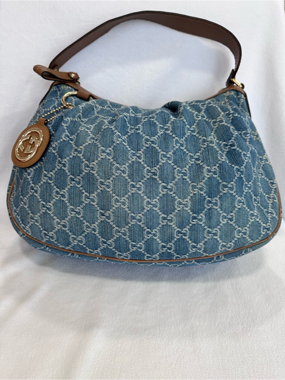 Gucci Blue Denim Monogram Shoulder Bag with Brown Leather Trim